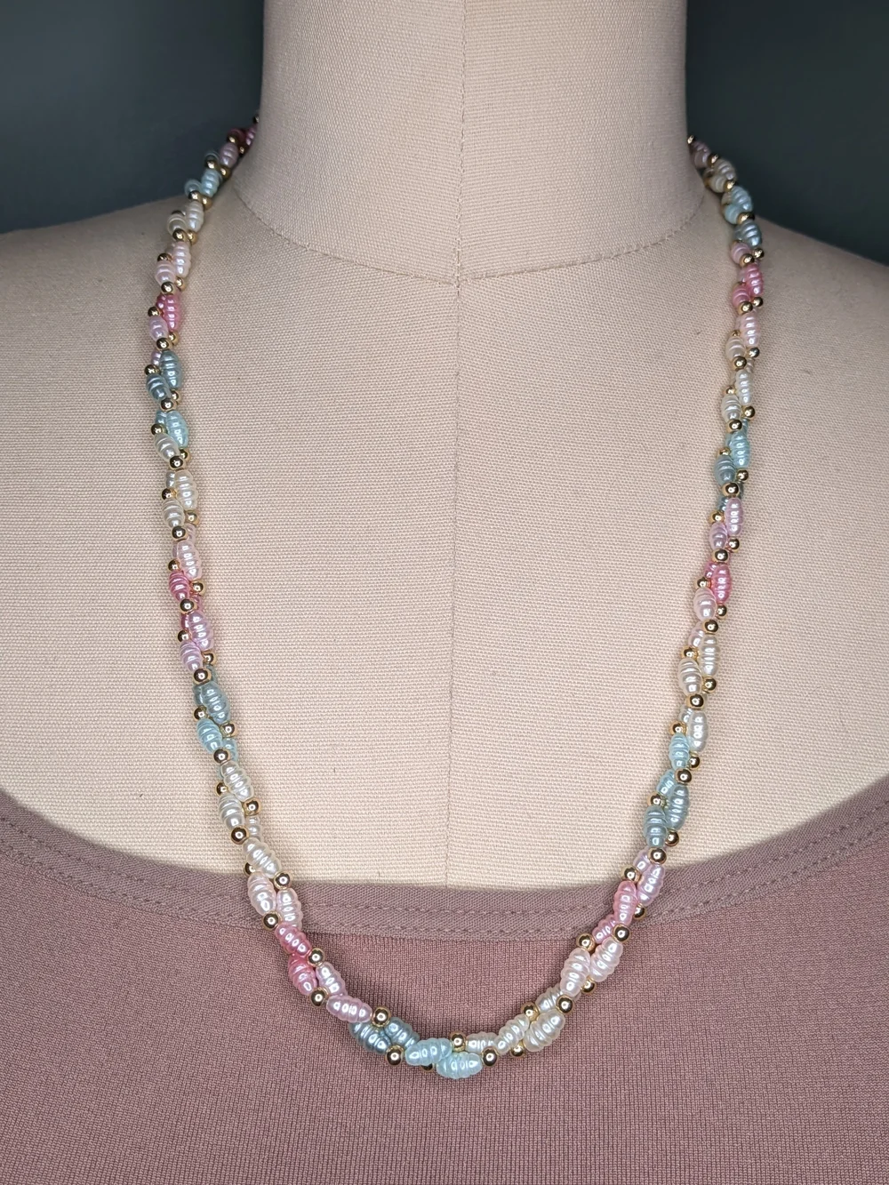 Vintage Freshwater Rice Pearl Necklace Pastel Pink Blue White Torsade Strand
